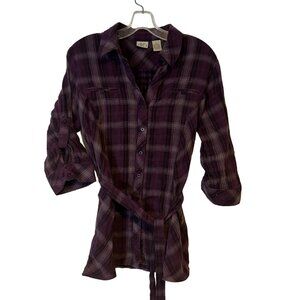 Womens Tunic Top Size XL Vintage DCC Missy Purple Plaid 3/4 Sleeves Tie Waist